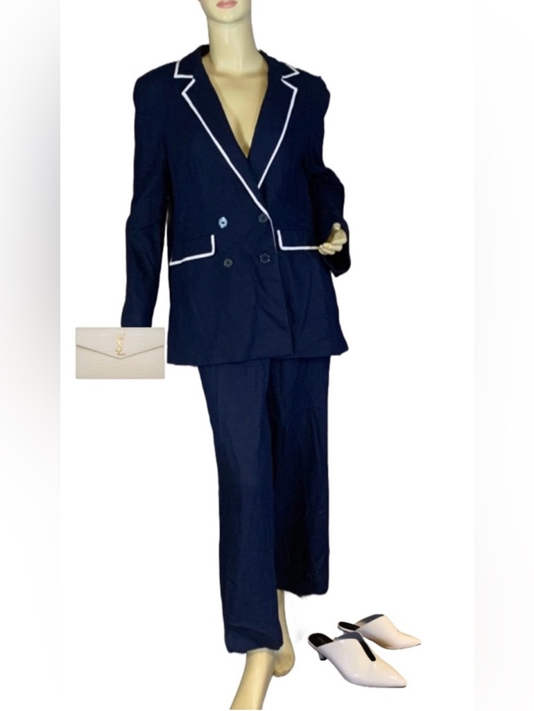 Halogen Blue W/White Trim Oversized Linen Blend Pant Suit (16/Xl)